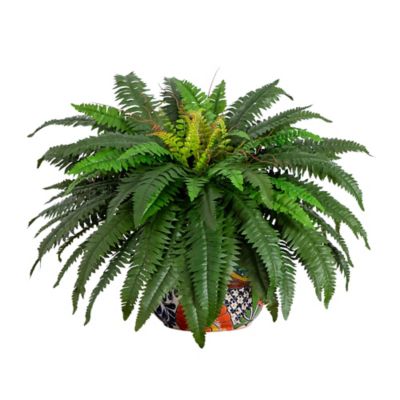 Nearly Natural 32 in. Artificial Double Boston Fern in Handmade Mexican Talavera Ceramic Planter