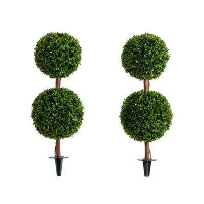 Nearly Natural 3 ft. UV Resistant Artificial Double Ball Boxwood Topiary with Integrated Ground Stake (In/Outdoor) - Set of 2
