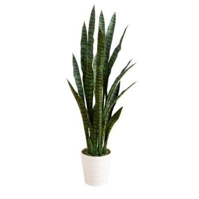Nearly Natural 4 ft. UV Resistant Artificial Sansevieria Plant in White Decorative Planter (Indoor/Outdoor)