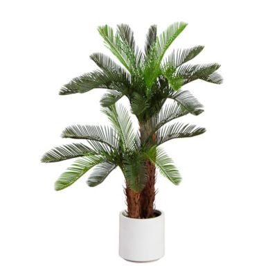 Nearly Natural 40 in. UV Resistant Artificial Double Cycas Palm Tree in White Decorative Planter (Indoor/Outdoor)