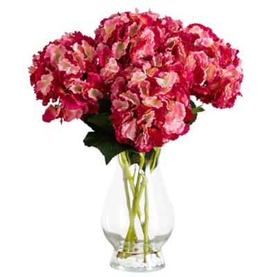 Nearly Natural 20 in. Faux Hydrangea Arrangement in Glass Vase