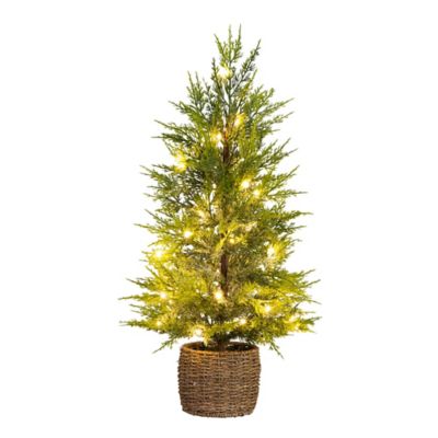 Nearly Natural 32 in. Pre-Lit Artificial Lightly Snowed Cypress Christmas Tree with Warm White Lights in Weaved Basket