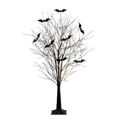 Nearly Natural 5 ft. Pre-Lit Artificial Halloween Black Twig Tree with Bats and 50 Warm White LED Lights