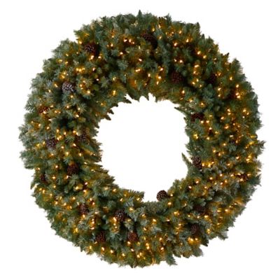 Nearly Natural 5 ft. Giant Flocked Artificial Christmas Wreath with Pinecones, 400 Clear LED Lights and 760 Bendable Branches