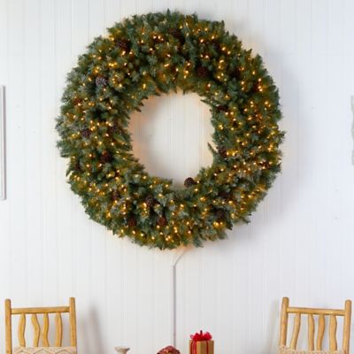 Image showing  5 ft. Giant Flocked Artificial Christmas Wreath with Pinecones, 400 Clear LED Lights and 760 Bendable Branches