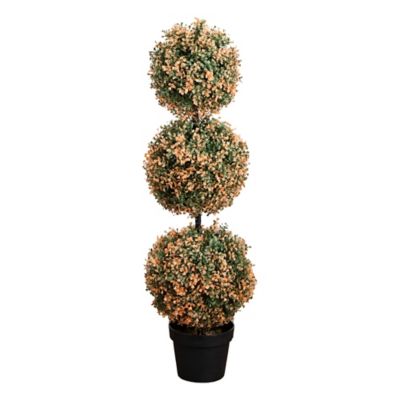 Nearly Natural 3 ft. UV Resistant Autumn Triple Ball Boxwood Faux Fall Topiary Tree with Warm White Lights (Indoor/Outdoor)