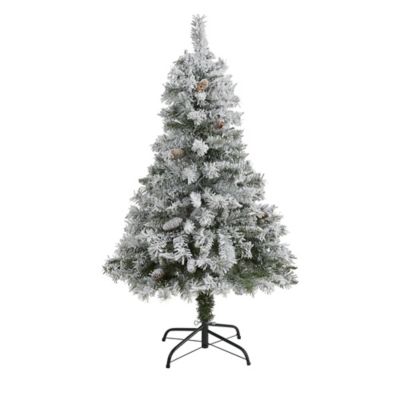 Nearly Natural 4 ft. Flocked White River Mountain Pine Artificial Christmas Tree with Pinecones