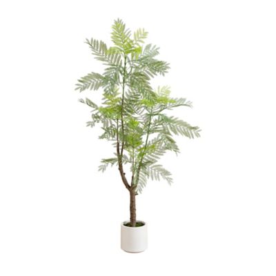 Nearly Natural 6 ft. Artificial Minimalist Jacaranda Tree in White Decorative Planter