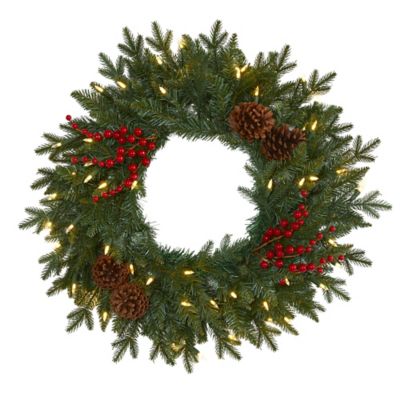 Nearly Natural 24 in. Green Pine Artificial Christmas Wreath with 50 Warm White LED Lights, Berries and Pine Cones