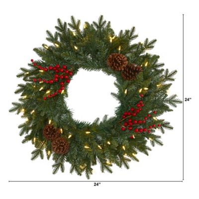 Image showing  24 in. Green Pine Artificial Christmas Wreath with 50 Warm White LED Lights, Berries and Pine Cones