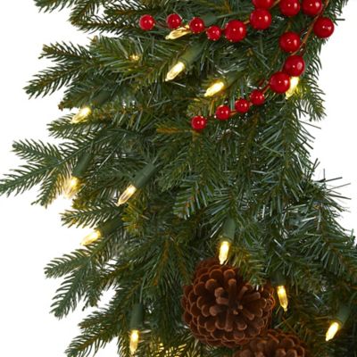 Image showing  24 in. Green Pine Artificial Christmas Wreath with 50 Warm White LED Lights, Berries and Pine Cones
