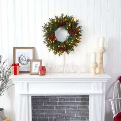 Image showing  24 in. Green Pine Artificial Christmas Wreath with 50 Warm White LED Lights, Berries and Pine Cones