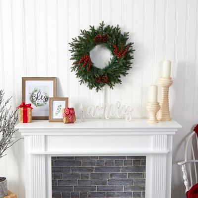 Image showing  24 in. Green Pine Artificial Christmas Wreath with 50 Warm White LED Lights, Berries and Pine Cones