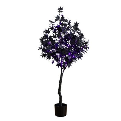 Nearly Natural 4 ft. Pre-Lit Artificial Halloween Black Maple Tree with 180 Orange & Purple LED Lights