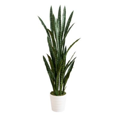 Nearly Natural 5 ft. UV Resistant Artificial Sansevieria Plant in White Decorative Planter (Indoor/Outdoor)