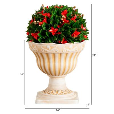 Image showing  22 in. UV Resistant Artificial Red Tip Photinia Christmas Ball in Classic Decorative Planter (Indoor/Outdoor)