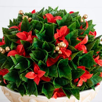 Image showing  22 in. UV Resistant Artificial Red Tip Photinia Christmas Ball in Classic Decorative Planter (Indoor/Outdoor)