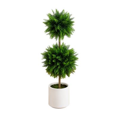 Nearly Natural 3.5 ft. UV Resistant Artificial Cedar Double Ball Topiary Tree in White Decorative Planter (Indoor/Outdoor)