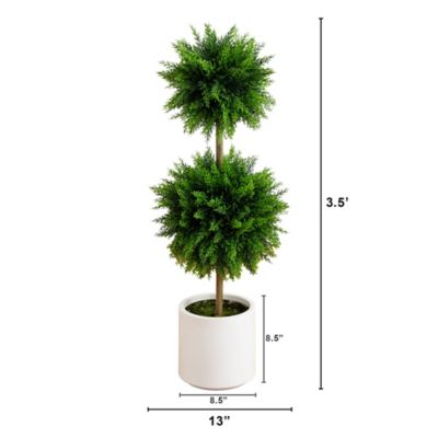 Image showing  3.5 ft. UV Resistant Artificial Cedar Double Ball Topiary Tree in White Decorative Planter (Indoor/Outdoor)