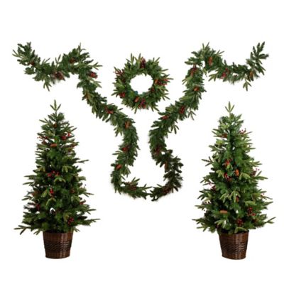Nearly Natural Pre-Lit Faux Christmas Holiday 5 pc. Bundle - Set of 2 5-ft. Christmas Trees, 24 in. Wreath & 2 9-ft. Garlands
