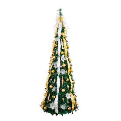 Nearly Natural 6 ft. Pre-Lit Artificial Pop up Christmas Tree with Gold/Silver Ornaments, Ribbons and 150 Warm White LED Lights