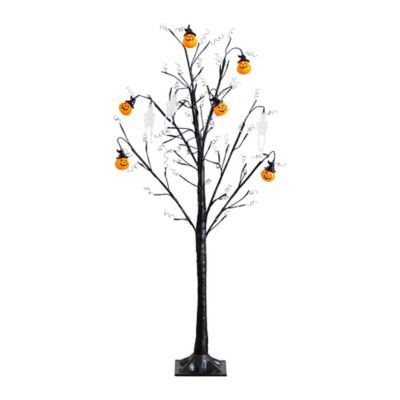 Nearly Natural 4 ft. Pre-Lit Artificial Halloween Pumpkins and Skulls Ornament Tree with 64 Warm White LED Lights