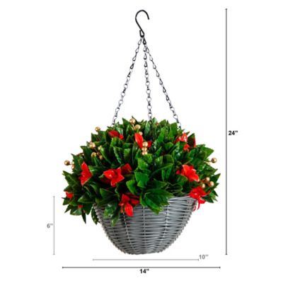 Image showing  24 in. Pre-Lit UV Resistant Faux Red Tip Photinia & Gold Berries Christmas Hanging Basket with Warm White Lights