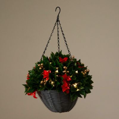 Image showing  24 in. Pre-Lit UV Resistant Faux Red Tip Photinia & Gold Berries Christmas Hanging Basket with Warm White Lights