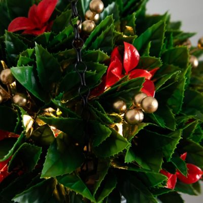 Image showing  24 in. Pre-Lit UV Resistant Faux Red Tip Photinia & Gold Berries Christmas Hanging Basket with Warm White Lights
