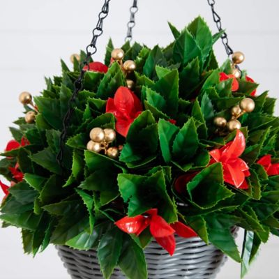 Image showing  24 in. Pre-Lit UV Resistant Faux Red Tip Photinia & Gold Berries Christmas Hanging Basket with Warm White Lights