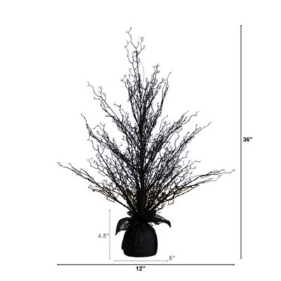 Image showing  3 ft. Pre-Lit Halloween Black Twig Artificial Fall Tree in Burlap Planter with 52 Warm White LED Lights