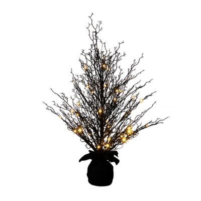 Image showing  3 ft. Pre-Lit Halloween Black Twig Artificial Fall Tree in Burlap Planter with 52 Warm White LED Lights
