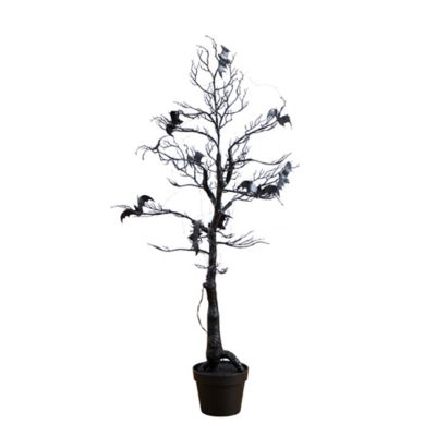 Nearly Natural 4 ft. Pre-Lit Artificial Halloween Black Spooky Twig Tree with Bats and 120 Orange & Purple LED Lights