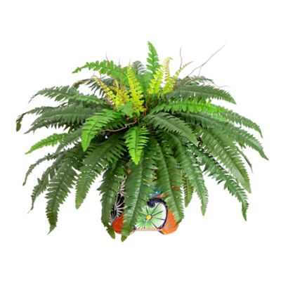 Nearly Natural 21 in. Artificial Boston Fern in Handmade Mexican Talavera Ceramic Planter