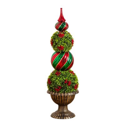 Nearly Natural 3 ft. Pre-Lit Artificial Christmas Ornament Boxwood Topiary Tree with 70 Warm White LED Lights