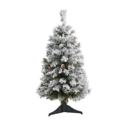 Nearly Natural 3 ft. Flocked White River Mountain Pine Artificial Christmas Tree with Pinecones