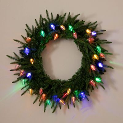 Image showing  24 in. Pre-Lit Artificial Luxembourg Pine Christmas Wreath with 35 Multicolored Traditional Bulb LED Lights