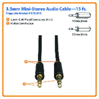 Image showing 1 th Tripp Lite 3.5-mm Male/Male Stereo Cable for Microphones, Speakers, and Headphones, Black (15 ft.)
