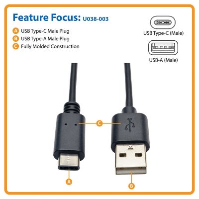 Image showing  USB 2.0 Cable, USB-C Male/USB-A Male, Black (3 ft.)