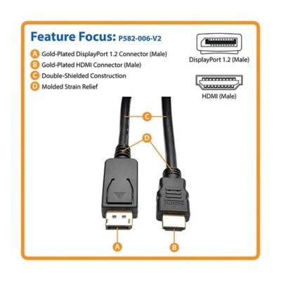 Image showing  4K at 30 Hz DisplayPort 1.2 Male with Latch to HDMI Male Adapter Cable, 6 ft., Black, P582-006-V2