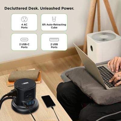 Image showing  Retractable Cube Power Strip with 4 AC Outlets, 2 USB-A Ports, 2-USB-C Ports, Surge Protection, 6-ft. (Black)