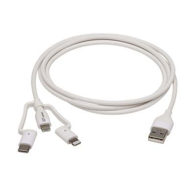 Image showing  Safe-IT Universal USB-A to Lightning, USB Micro-B, and USB-C Charge and Sync Antibacterial Cable, White, 4 Ft.
