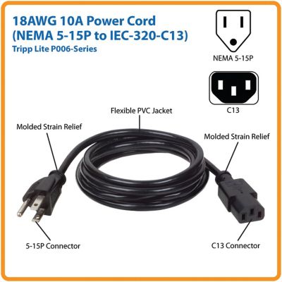 Image showing 7 th Tripp Lite 18-AWG 10-Amp Universal Computer Power Cord (6 Ft.)