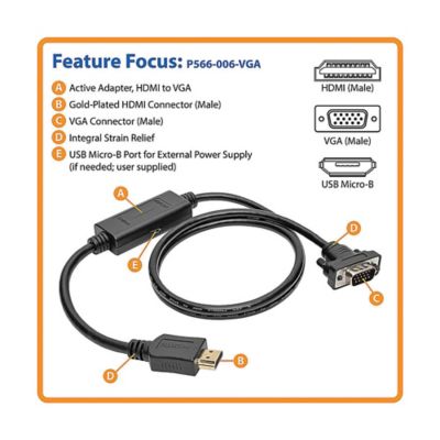 Image showing 7 th Tripp Lite 1900 x 1200 at 60 Hz HDMI Male to VGA Male Low-Profile Active Adapter Cable, 6 ft., Black, P566-006-VGA