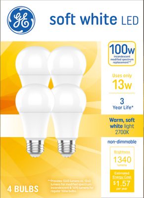 GE Soft White LED 100W A19, 4 pk.
