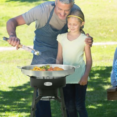 Image showing 6 th Creole Feast Portable Gas Cooker with Stainless Steel Wok, with Cast Iron Burner, 54,000 BTU, Height Adjustable Legs
