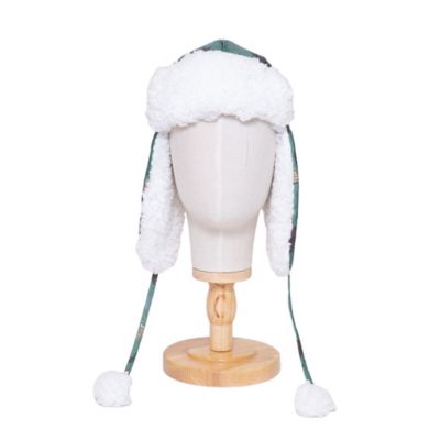 mimish The Cozy Trapper Hat - Camping Trails Print with Coconut White Sherpa Liner & Pompoms