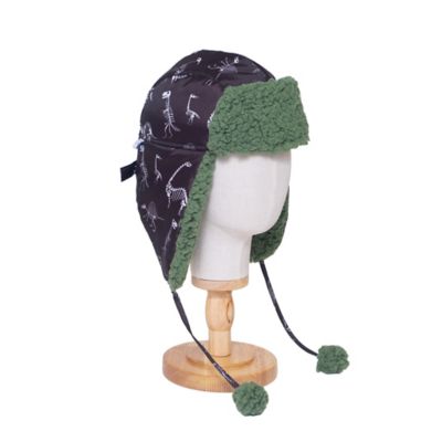 Image showing  The Cozy Trapper Hat - Dino Bones Print with Katydid Green Sherpa Liner & Pompoms