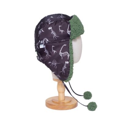 Image showing  The Cozy Trapper Hat - Dino Bones Print with Katydid Green Sherpa Liner & Pompoms