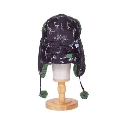 Image showing  The Cozy Trapper Hat - Dino Bones Print with Katydid Green Sherpa Liner & Pompoms
